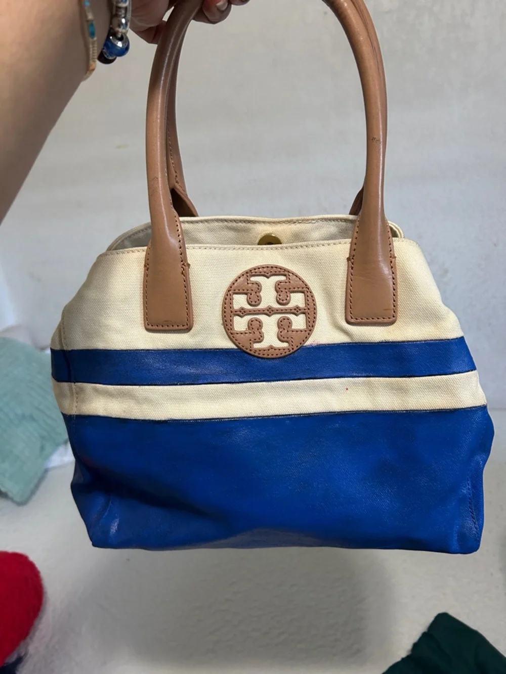 Tory Burch Blue, Cream & Tan Canvas Leather Tote - Picture 6 of 16